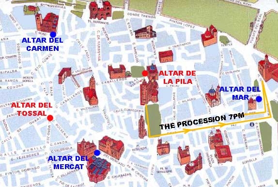 Map of Spanish Fiesta San Vicente Ferrer in Valencia, Spain