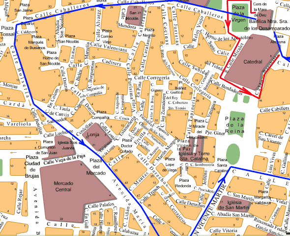 Map of Events in the Fiesta of the Virgin in Valencia, Spain